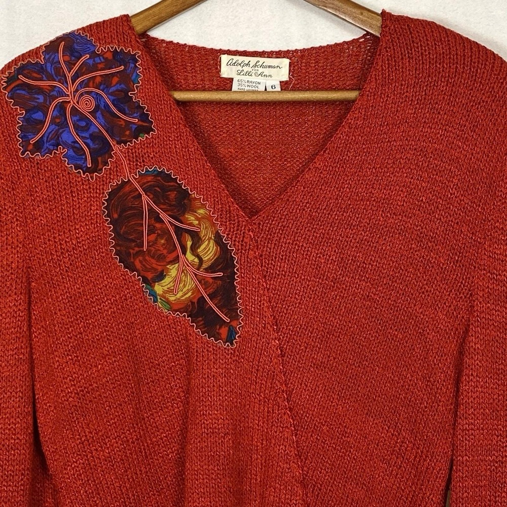Vtg Adolf Schuman For Lilli Ann 6 Sweater Hand Loomed Red Art Wool Pullover 70s